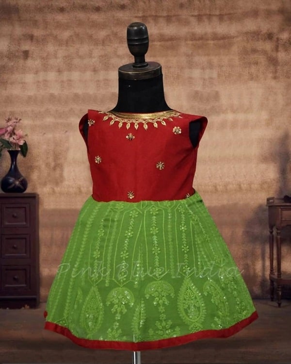 Red green chikankari gown for girls, wedding wear, elegant & classic