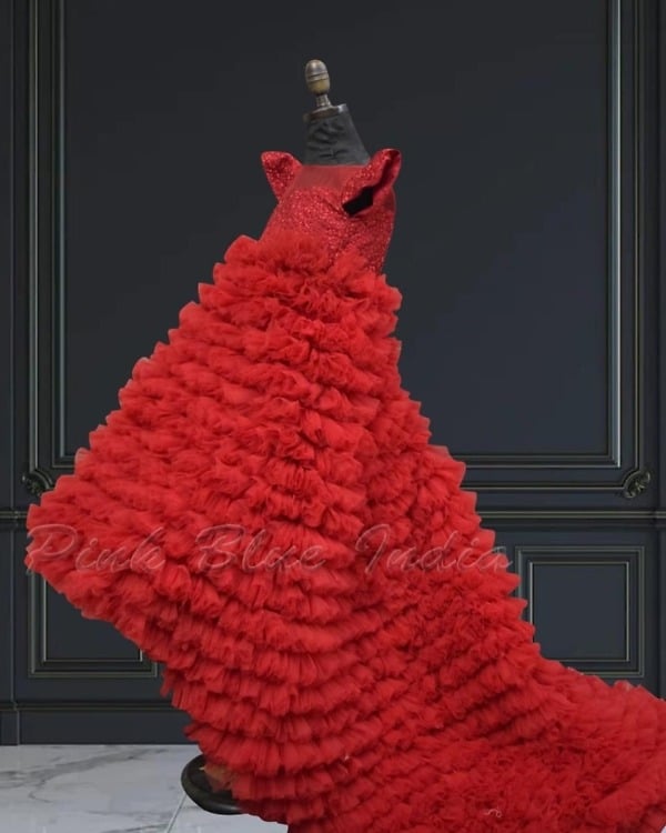 Maroon long train princess dress for girls, birthday party, elegant & royal