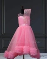 Pink birthday gown for baby girls, structured high-low style, elegant & cute