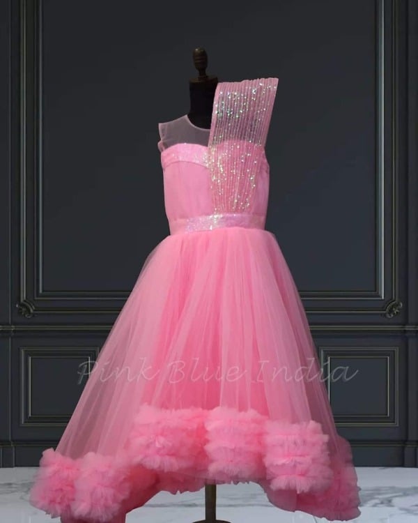 Pink birthday gown for baby girls, structured high-low style, elegant & cute