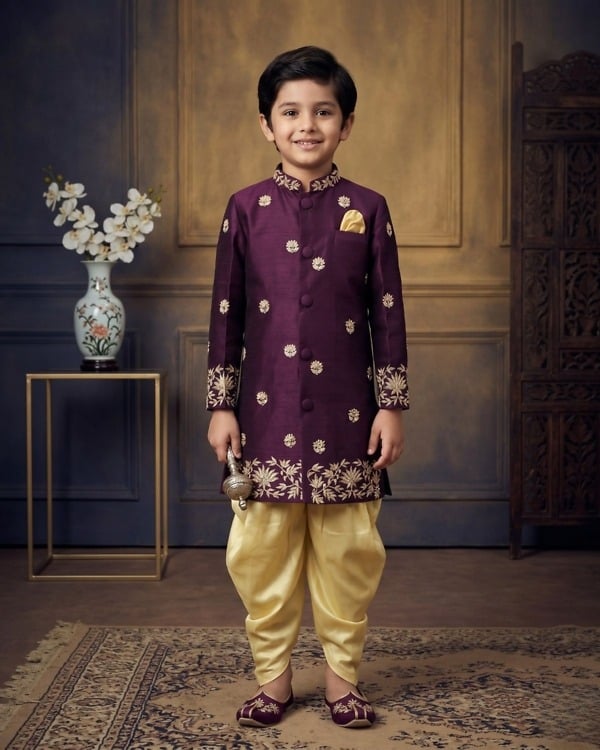 Baby boy purple printed sherwani white pajama set, royal wedding ethnic wear, perfect gift