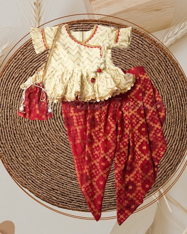 Baby girls ethnic peplum dhoti outfit with potli bag, wedding, stylish & adorable