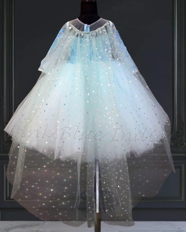 Baby girls Elsa party dress with cape, icy blue, birthday, elegant & playful