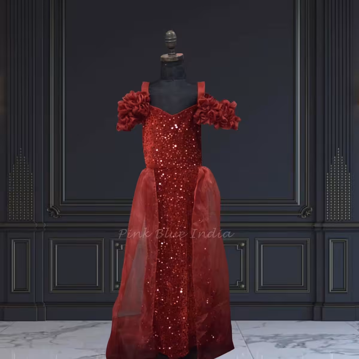 Off-shoulder maroon velvet party gown for girls, stylish & elegant