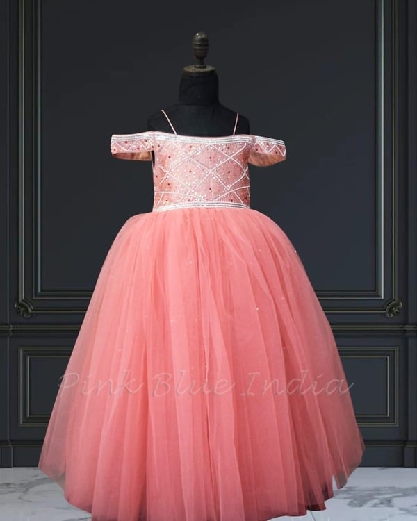 Girls off-shoulder birthday gown with stone detailing, stylish celebration wear