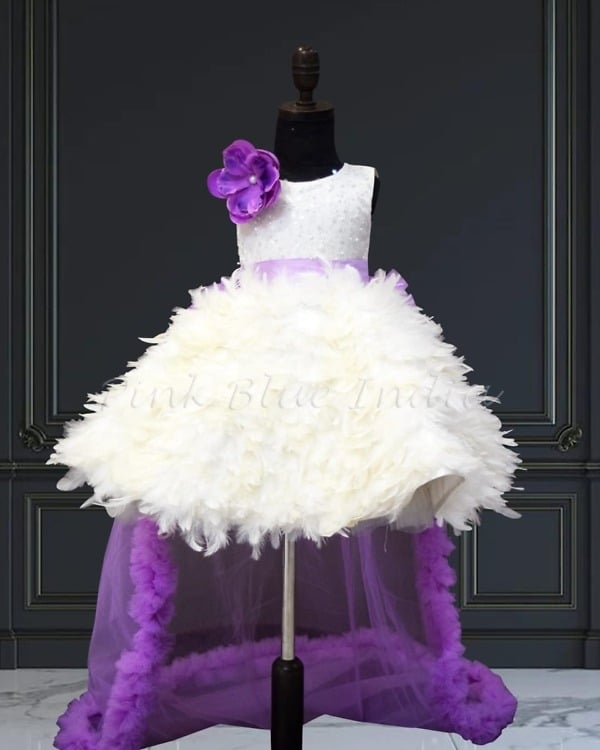 Princess feather gown with long train, elegant birthday party outfit