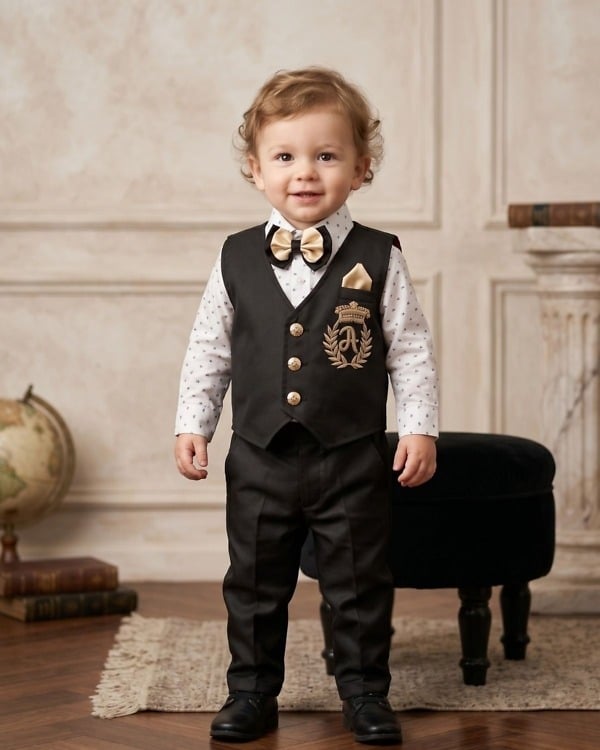 Toddler boy black waistcoat with white shirt personalized for first birthday formal party gift