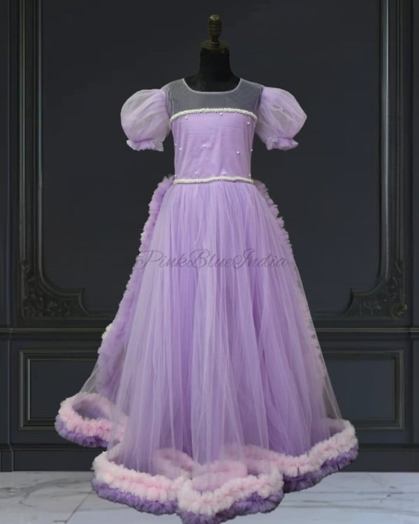 Girls lavender princess gown, detachable train, stylish birthday dress