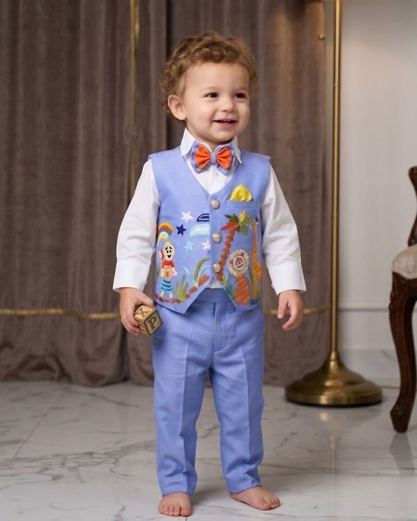 Toddler boy sky blue jungle adventure theme waistcoat outfit for first birthday party celebration