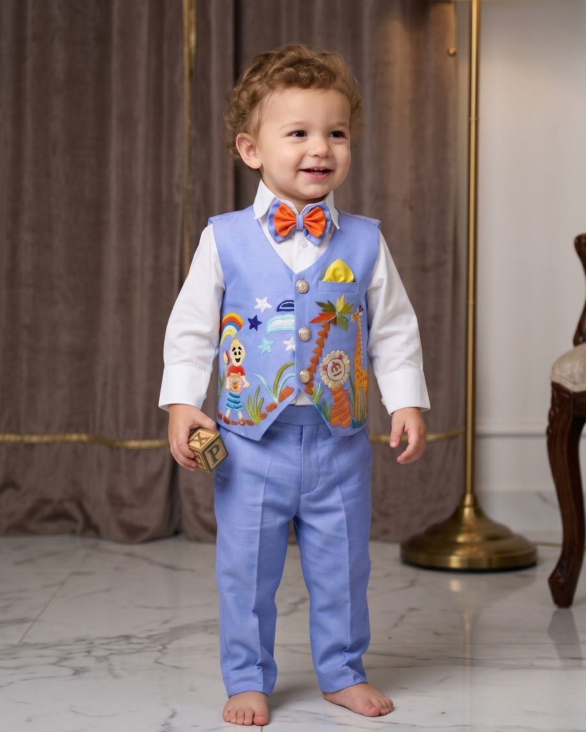 Toddler boy sky blue jungle adventure theme waistcoat outfit for first birthday party celebration