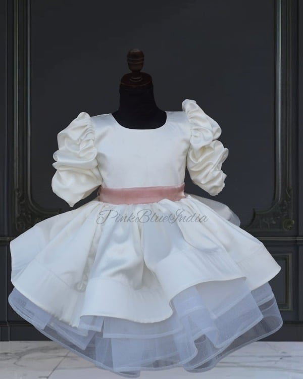 Girls layered off-white designer frock, stylish birthday party dress