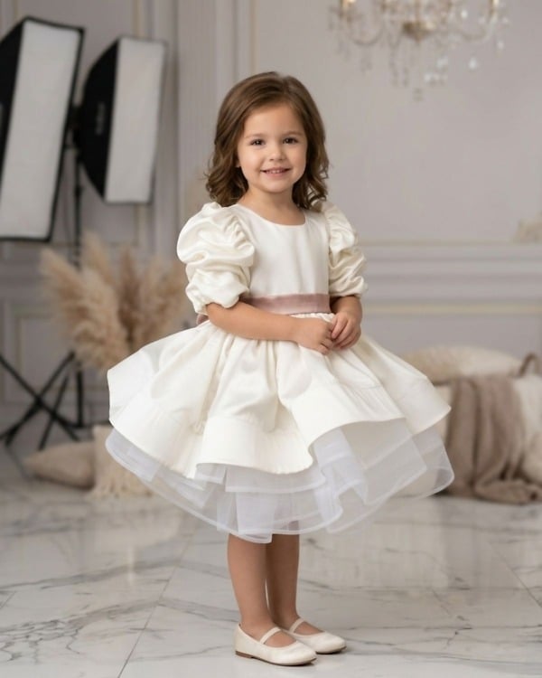 Trendy Off-White Layered Designer Frock for Girls