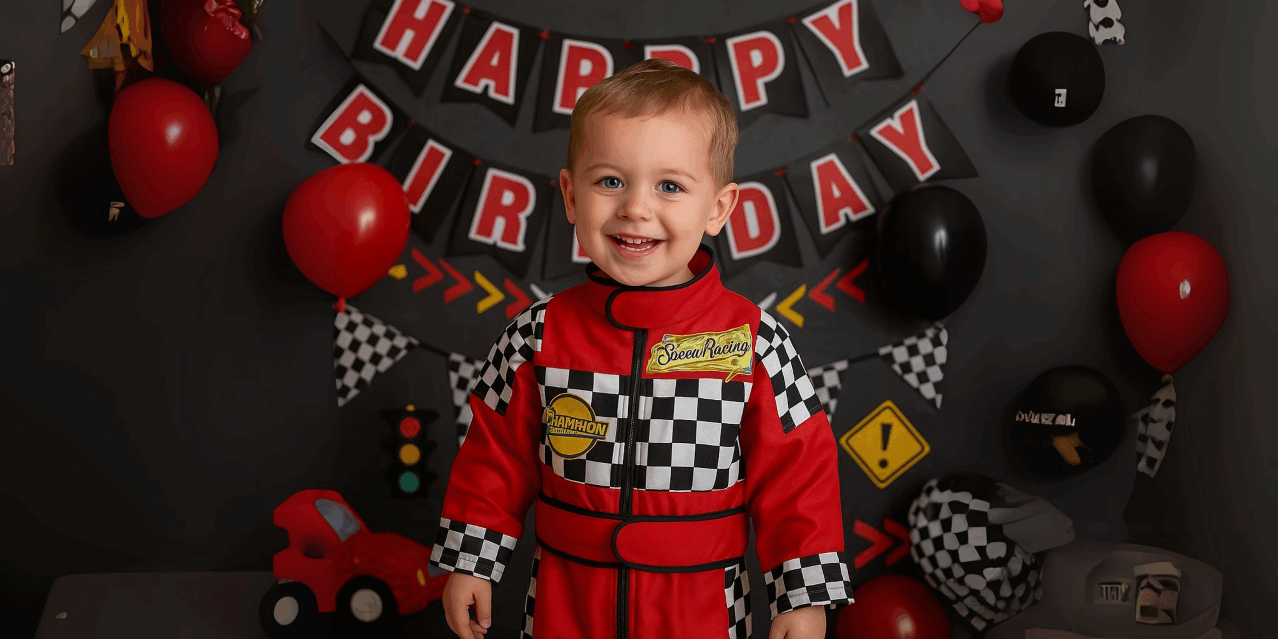 Toddler in red Formula One racing suit with Champion and Speed Racing patches at themed birthday party