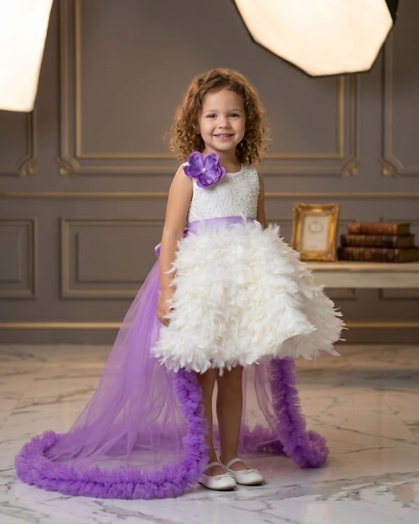 Princess Feather Gown with Stunning Long Train for Birthday