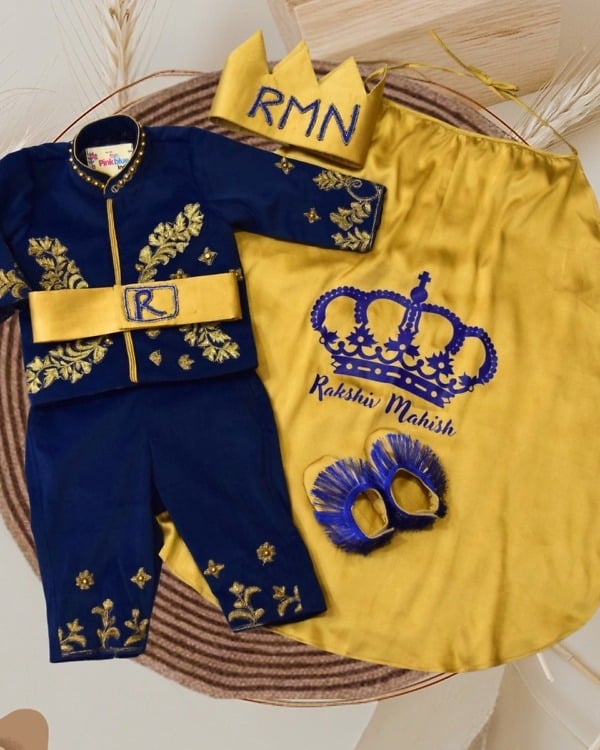Baby Boy Blue Velvet Prince Outfit Custom Name Birthday Party Wear Royal Costume Pink Blue India
