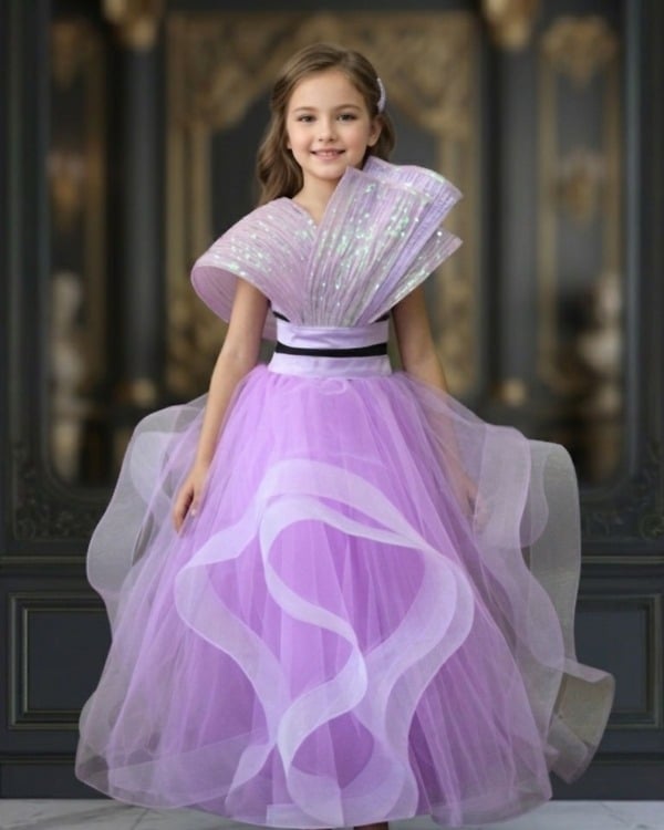 Lavender princess girls dress frock, birthday party gown for kids