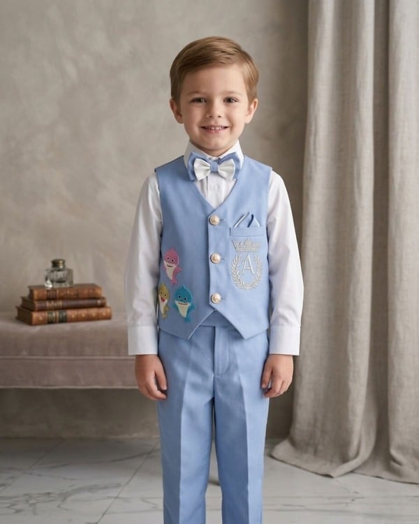 Baby boy blue waistcoat suit set for wedding ring ceremony stylish festive party ethnic outfit