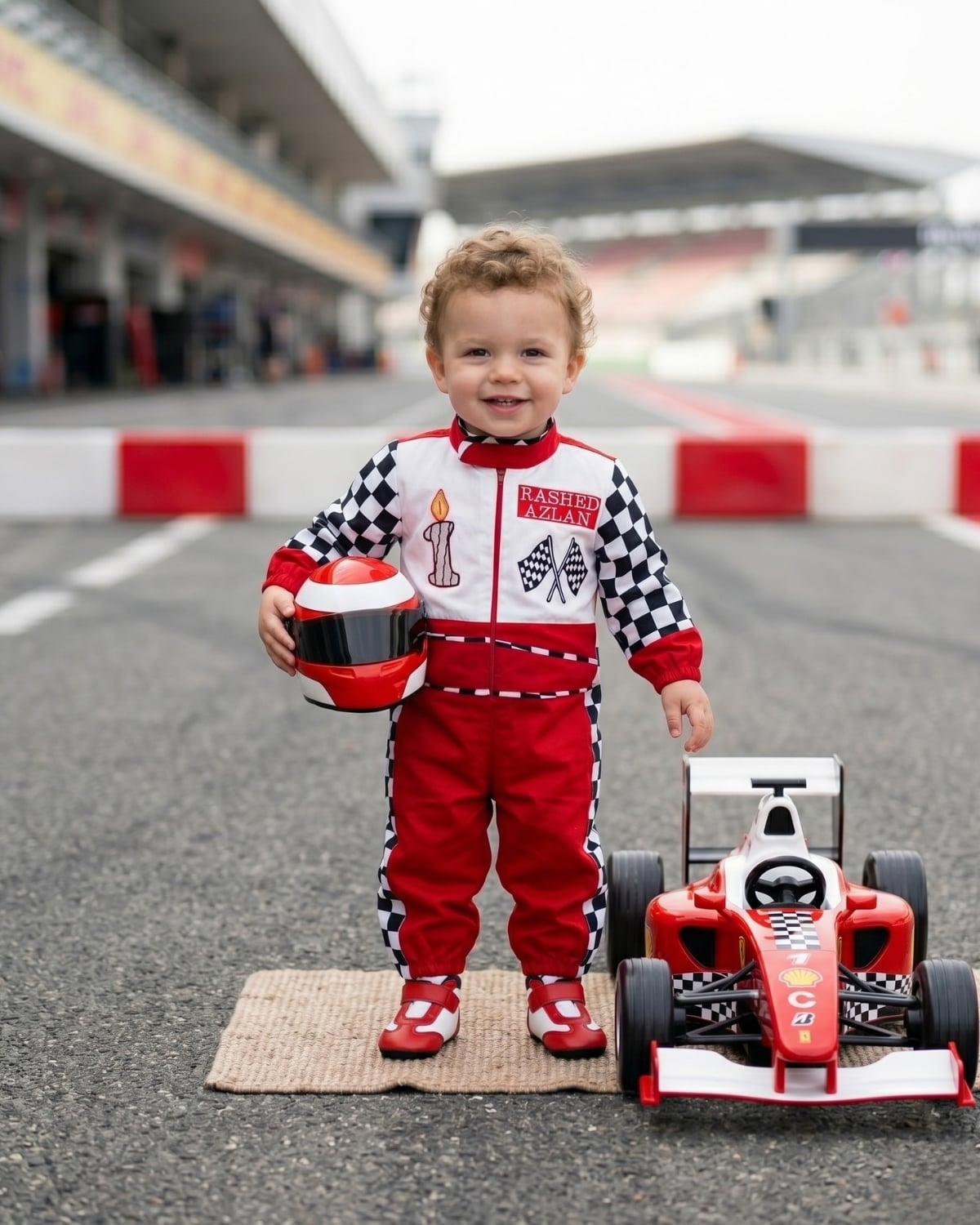 Boys Formula One racing jumpsuit, a high-octane first birthday theme costume for cake-smash photoshoot sessions