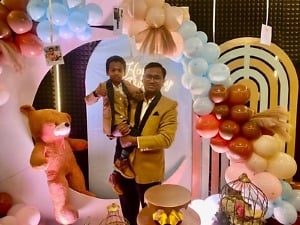 Father Son Matching Outfits Family Occasion Pink Blue India twinning look front view