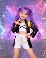 Rumi K-Pop Demon Hunters costume worn by model, handmade birthday dress for girls India