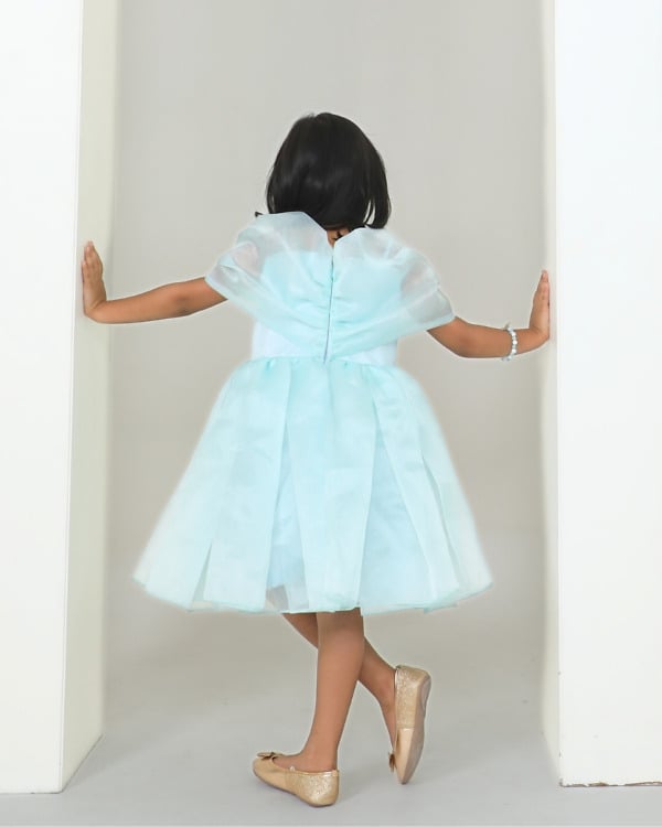 Girls aqua blue cold shoulder organza frock with 3D fabric rose detail, made to order for small birthday parties