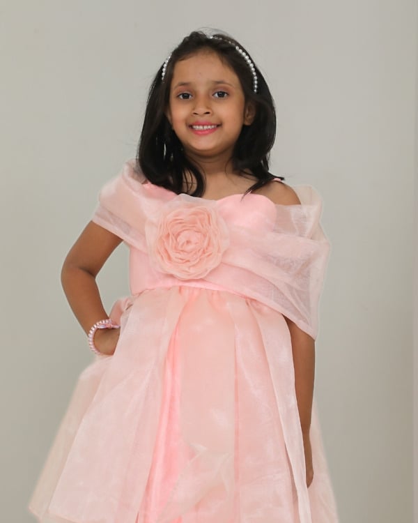 Girls beige cold shoulder birthday frock with 3D rose detail, custom made for small birthday parties and family gatherings