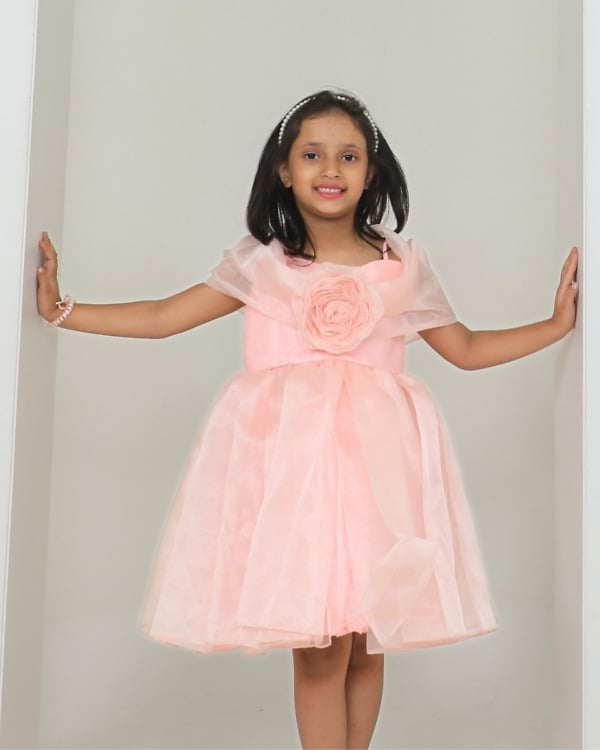 Girls beige off shoulder organza birthday party frock with 3D fabric rose and ruffle hem, full length view