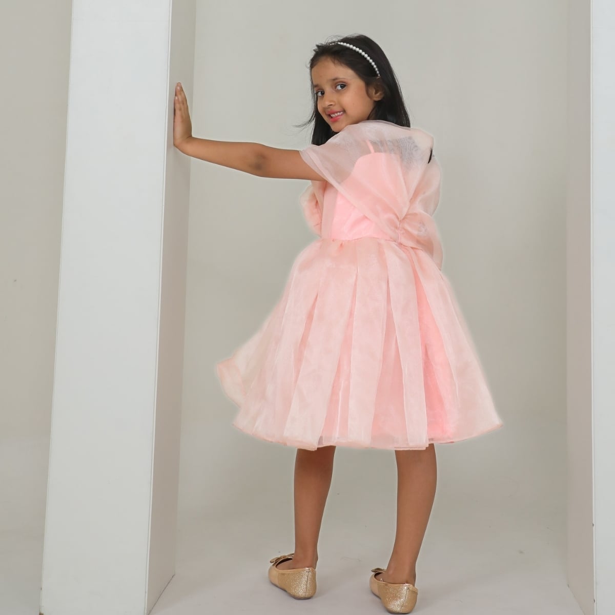 Beige Off Shoulder Birthday Party Frock for Girls - Image 3