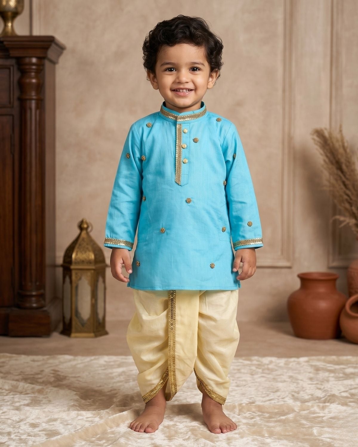 Baby boy wearing blue cotton kurta with gold sequin border and cream dhoti set for Indian wedding and festive occasion