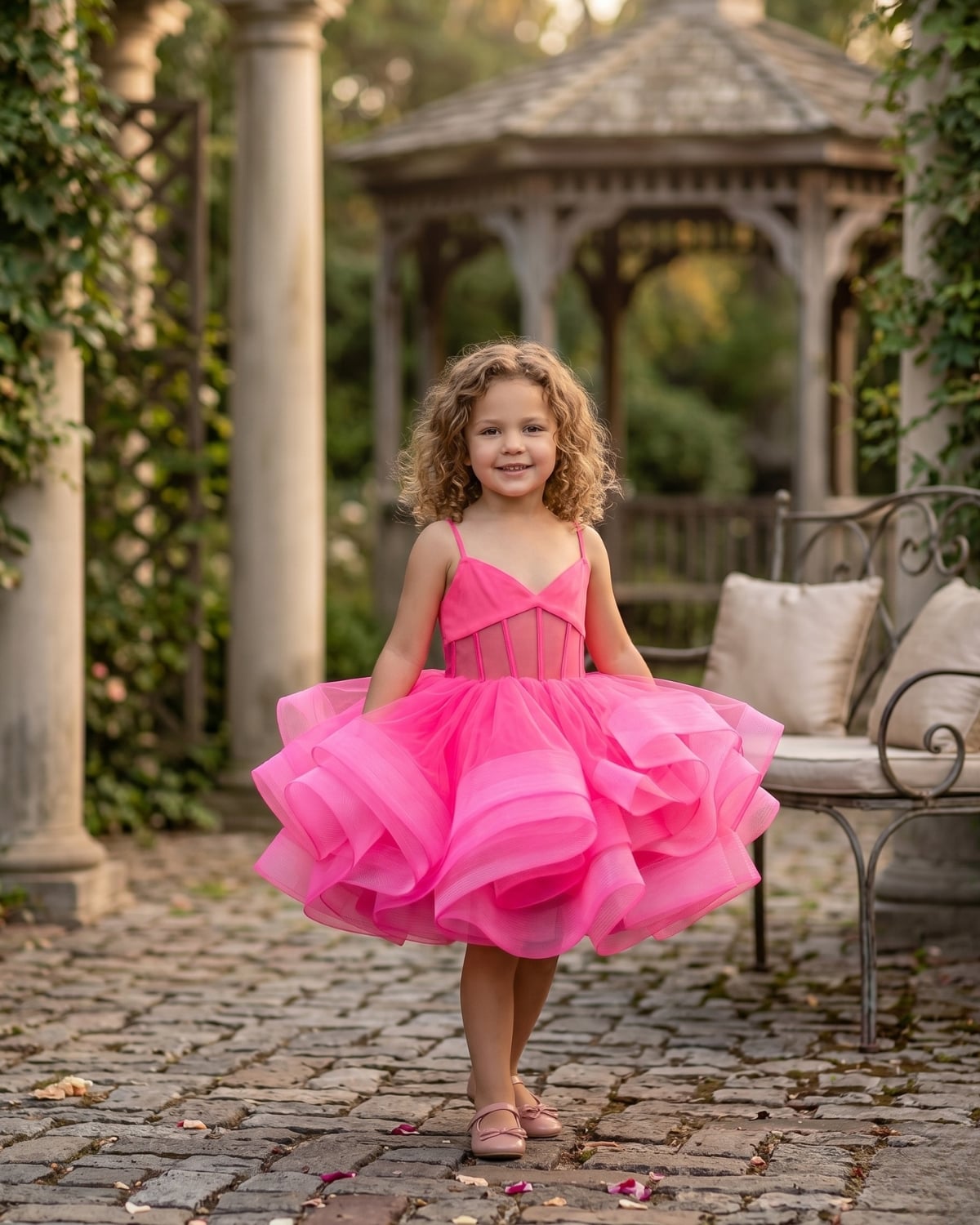 Girl wearing hot pink sweetheart neck lace-up birthday frock with voluminous ruffle skirt at outdoor garden party