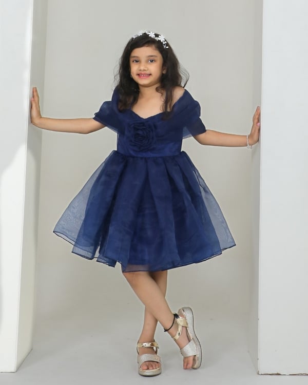 Girls navy blue cold shoulder organza birthday party frock with 3D fabric rose, full length front view